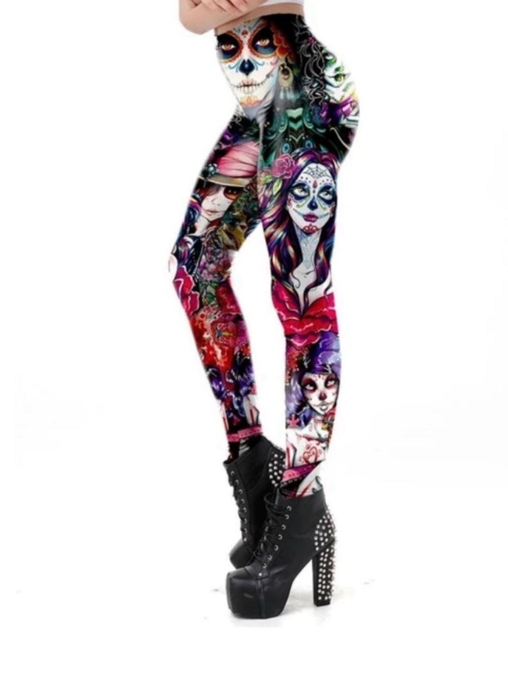 Day of the Dead Sugar Skull Leggings Vibrant Floral Skull Print Stretch Pants M
